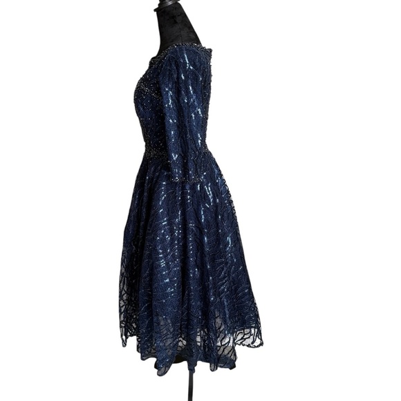 MAC DUGGAL HIGH NECK ABOVE ELBOW SLEEVE EMBELLISHED ALINE NAVY MIDI DRESS 4 - Picture 7 of 14